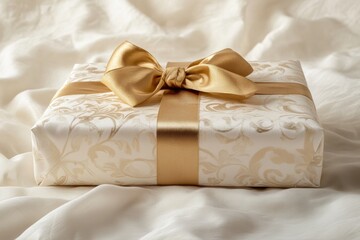 Elegant Gift Box Wrapped in Luxurious Gold Ribbon Resting on Soft Fabric, Inviting Curiosity and Excitement for the Special Occasion Ahead