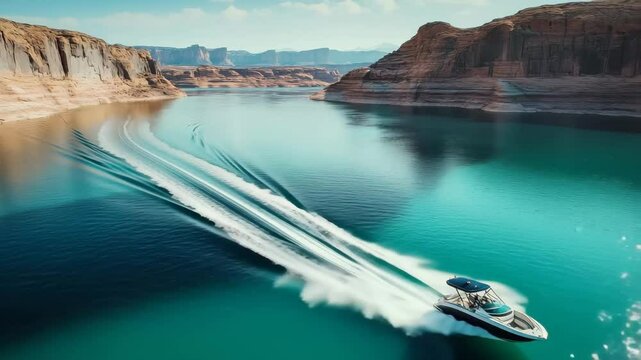 Drone captures motor boat speeding through Lake Powell's clear blue waters and stunning rock formations, Drone following speeding motor boat through lake Powell