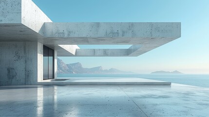 Modern Architecture Blends With Serene Coastal Views Under a Clear Blue Sky, Showcasing Minimalist Design and a Tranquil Atmosphere Near the Water