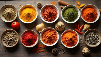 Spice Collection with Various Ground and Whole Spices on Wooden Surface