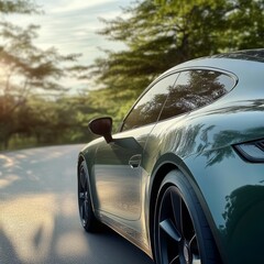 Driving Into the Sunset: A Sleek Green Sports Car on a Tranquil Road Surrounded by Lush Foliage and Golden Light