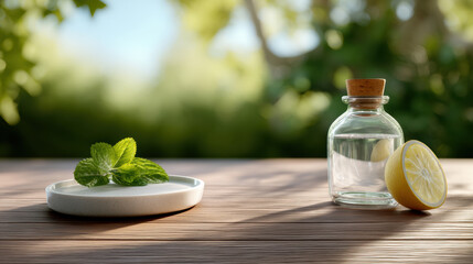 Obraz premium mockup of blank beverage bottle and white dish on sunlit garden table