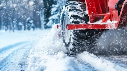 Heavy Machinery Clears Snow on a Tranquil Winter Morning in a Serene, Snow-Covered Landscape Surrounded by Towering Trees