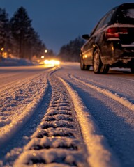 Winter Evening Drives Along a Snowy Road Reveal the Magic of Peaceful, Illuminated Paths and Cold Weather Adventures in a Serene Landscape