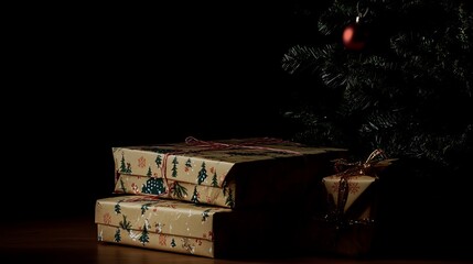 Festive Gifts Waiting to Be Opened Near a Beautifully Adorned Christmas Tree in a Cozy, Dimly Lit Room During the Holiday Season