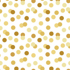 Gold scattered dots Seamless pattern. Golden circle confetti on white Background. Festive pattern for packaging paper, invitation, greeting card, birthday party decor, textile, gift wrap, christmas