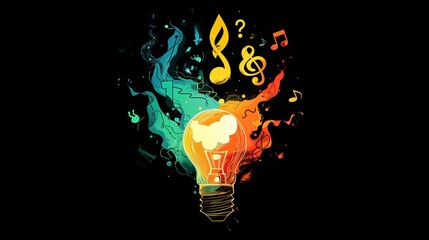 Creative Energy Bursts Forth From a Colorful Light Bulb Surrounded by Vibrant Musical Notes and Swirling Colors Reflecting the Harmony of Art and Innovation