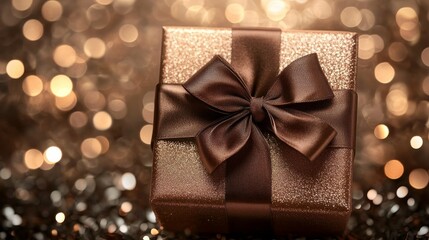 Beautifully Crafted Gift Box Adorned With a Rich Brown Bow, Shining Against a Backdrop of Sparkling Golden Lights