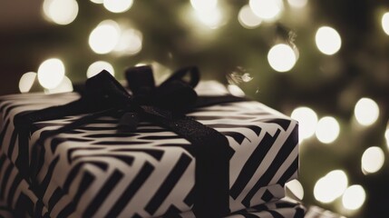 Joyful Holiday Season Captured With Beautifully Wrapped Presents Adorned in Black and White Stripes Under a Twinkling Tree Light Display