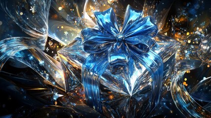 Wrapped in Shimmering Elegance, a Stunning Blue Gift Box Stands out Amidst a Cascade of Bright, Swirling Sparkles Creating a Magical and Festive Atmosphere