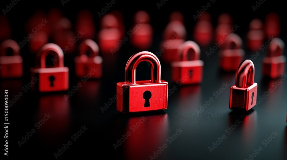 Poster Row of red locks with a keyhole in the middle. The locks are arranged in a way that they are all facing the same direction