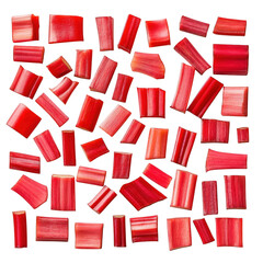 Red rhubarb stalks scattered on background