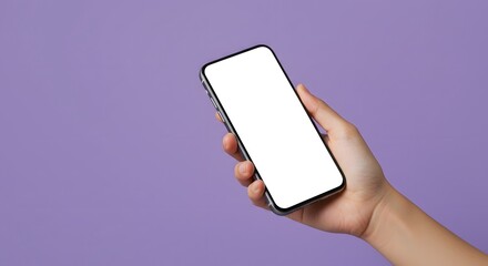 Hand holding smartphone against purple background mockup