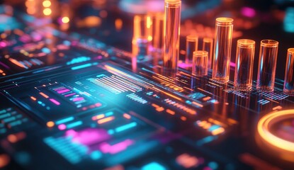 Futuristic, glowing circuit board with data visualizations