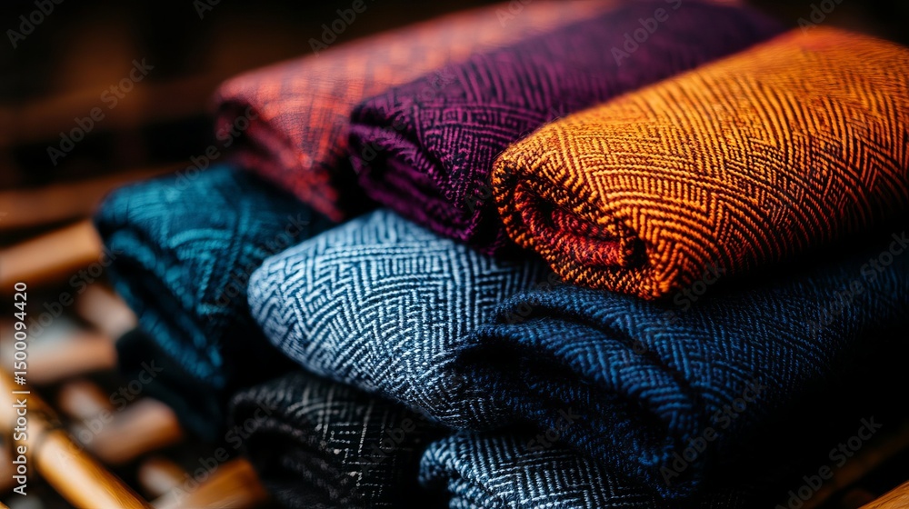 Poster folded colorful textile fabrics show a patterned texture stacked in layers indoors.
