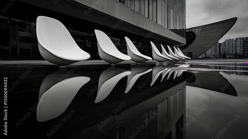 Aufkleber Row of white chairs are reflected in a body of water. The chairs are arranged in a row, with some of them facing the water. The scene has a calm and serene atmosphere, with the chairs