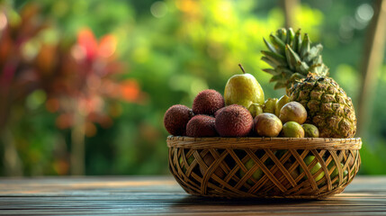 Fresh tropical fruits in woven basket under soft natural light with green foliage backdrop..