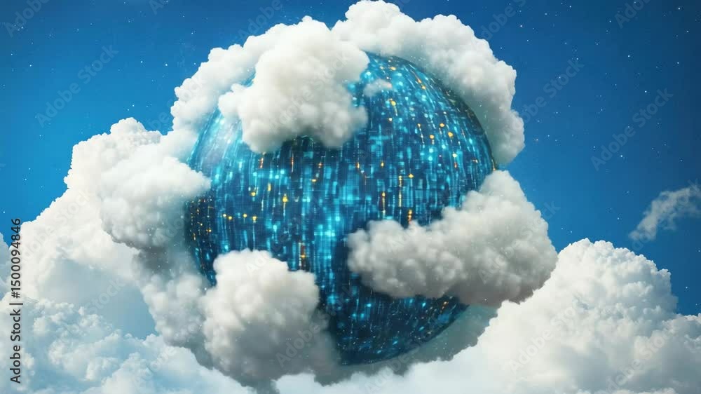 Poster innovative data processing technology visualized above a cloud-covered globe in a bright blue sky, d