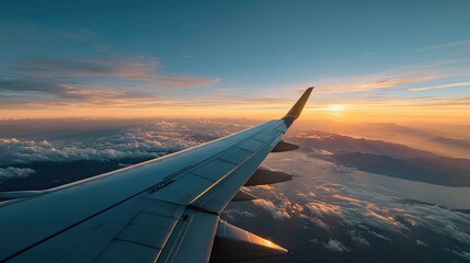 Fototapeta premium Airplane wing above clouds at sunrise with golden light and panoramic view of ocean and mountains below sky