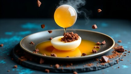 Dessert preparation featuring an orange sphere suspended above a creamy base on a dark plate