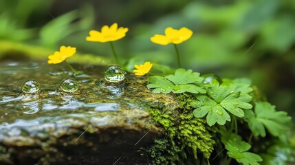 Rock with a bunch of yellow flowers on top of it. The flowers are drooping