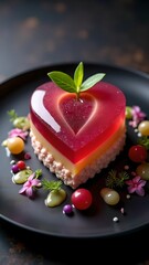 Heart-shaped jelly dessert surrounded by colorful edible flowers and berries on a dark plate