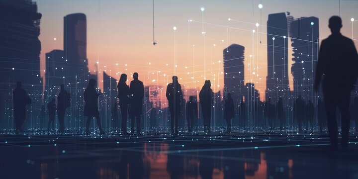 Silhouettes of people walking in a city, overlaid with digital network lines