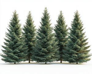 Five upright, full evergreen trees against white