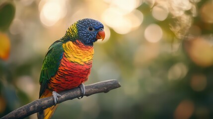 Naklejka premium Colorful parrot is perched on a branch. The bird is multicolored and has a bright red beak