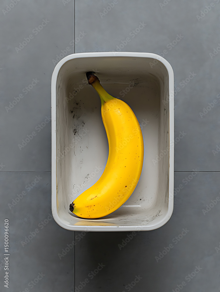 Poster banana in a container: a ripe yellow banana is nestled inside a rectangular container, creating a si