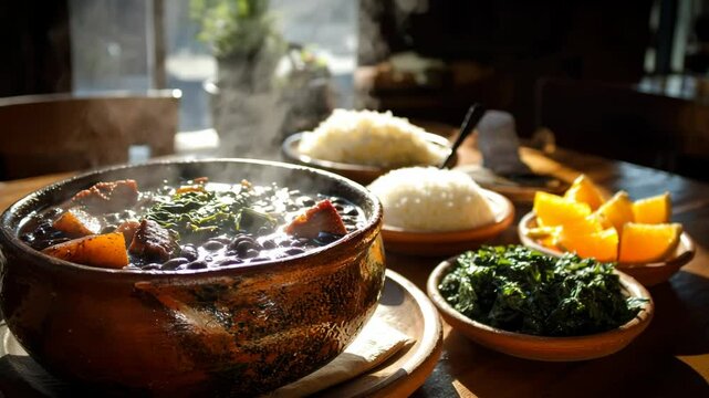 A traditional Brazilian feijoada served