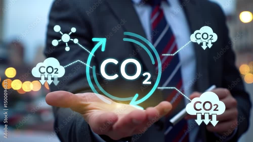 Poster a business professional gestures with a hand displaying an animated symbol for carbon dioxide during