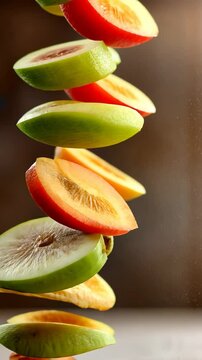 Vibrant floating fruit slices in motion: fresh kiwi, peach, pulm dynamics