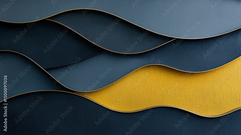 Aufkleber Series of waves made of paper, with a yellow line running through the middle. The waves are made of different shades of blue and yellow, creating a sense of depth and movement