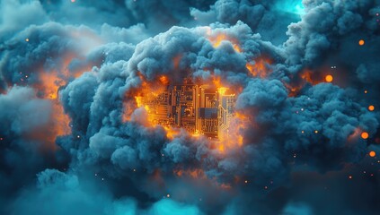 Fiery, dense cloud obscures glowing, golden structure