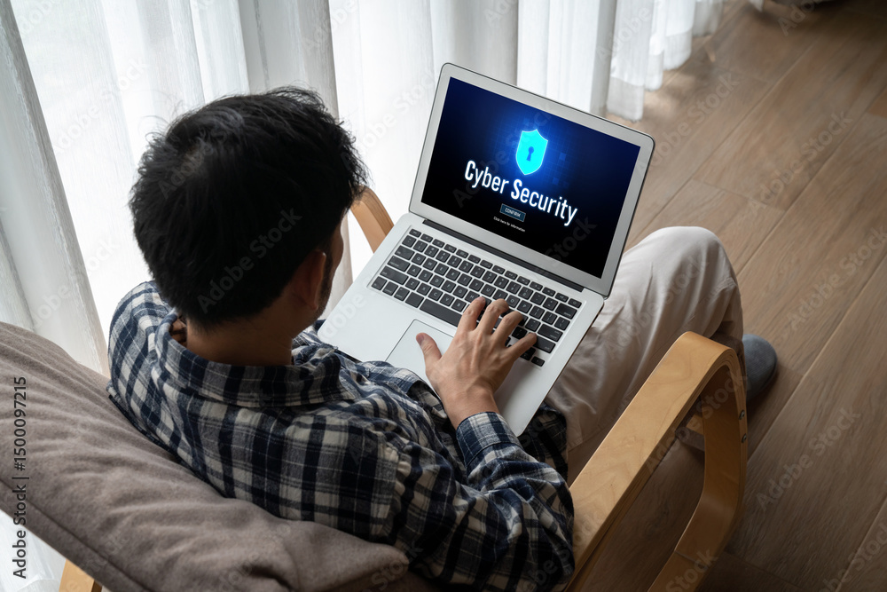 Poster cyber security system on computer screen protect private information snugly from hacker and cyber at