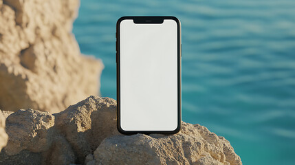 Smartphone on rocky coast with pristine ocean backdrop. Serene tech escape.