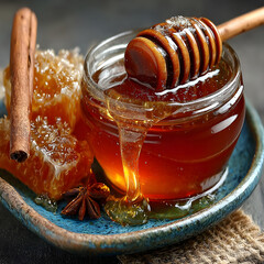 Golden Honey Dripping From Dipper in Glass Bowl with Honeycomb and Cinnamon
