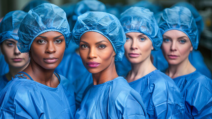 Group of diverse women in blue surgical scrubs and caps standing confidently in a clinical setting