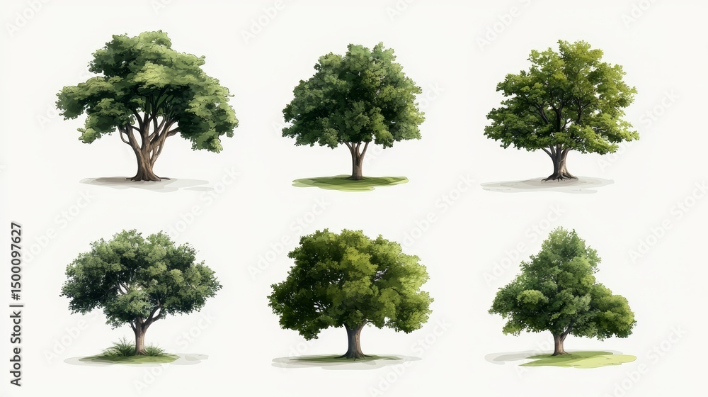 Poster set of six trees with different sizes and shapes. the trees are all green and are spread out across 