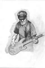 Willy Quiroga - Bass player traditional ink and pen illustration