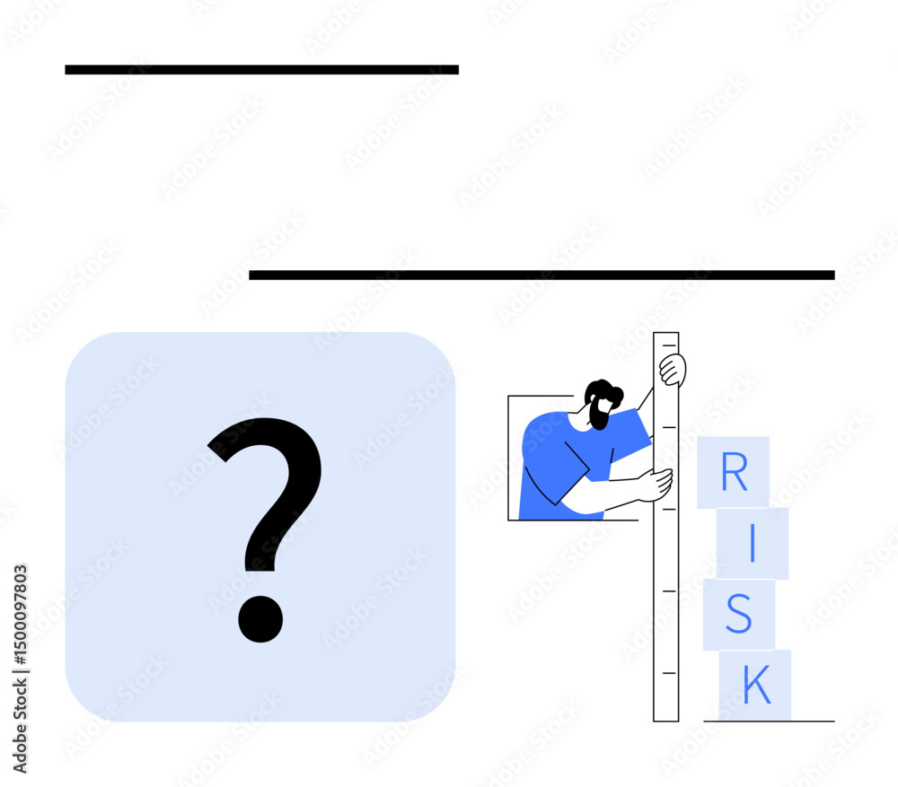Aufkleber man measuring stacked risk blocks with a ruler beside a large question mark. ideal for decision-maki