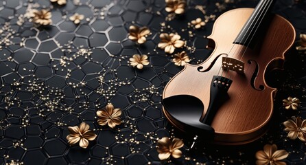 Obraz premium Elegant Still Life Violin with Golden Floral Accents on Dark Surface