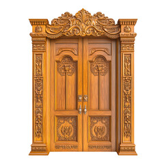 Ornate wooden door with carvings and decorative frame on transparent background