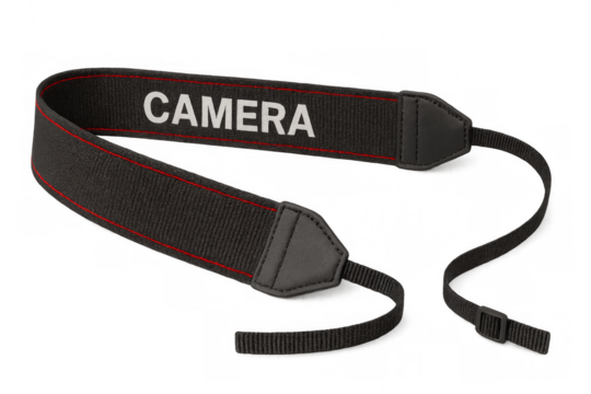 Black camera strap with red stitching on transparent background