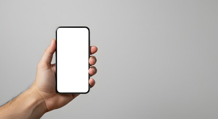 Hand holding smartphone with blank white screen