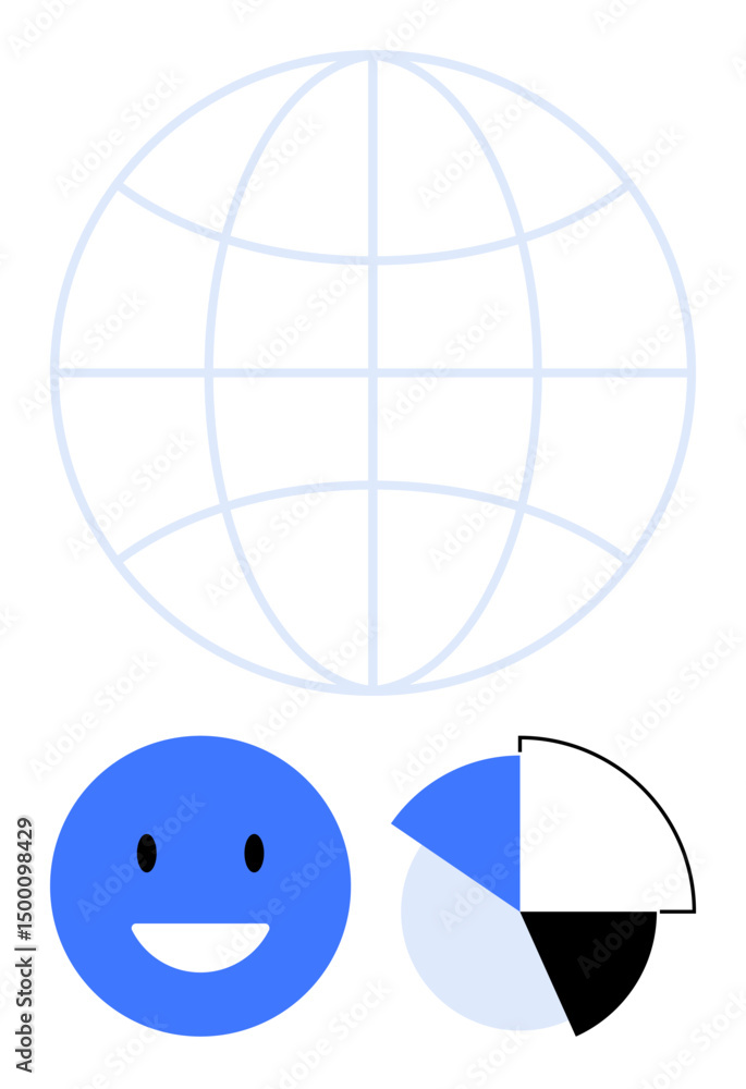 Poster globe grid symbolizing global connection, a smiling face for positivity, pie chart for data analysis