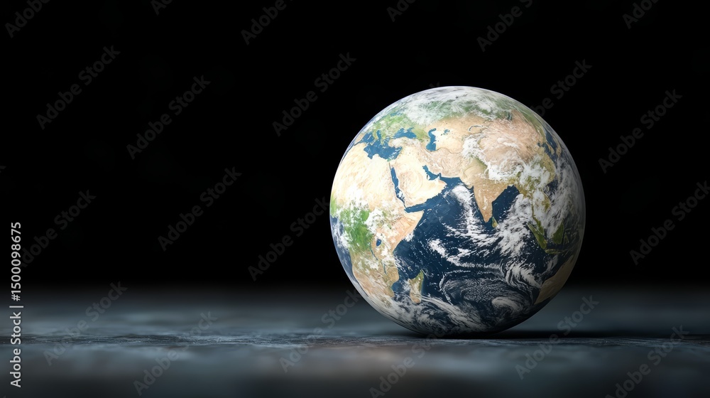 Poster Small blue and white planet sits on a dark surface. The planet is the only object in the image