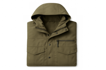 Folded khaki green winter jacket with hood on transparent background