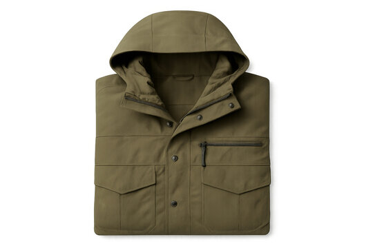 Folded khaki green winter jacket with hood on transparent background